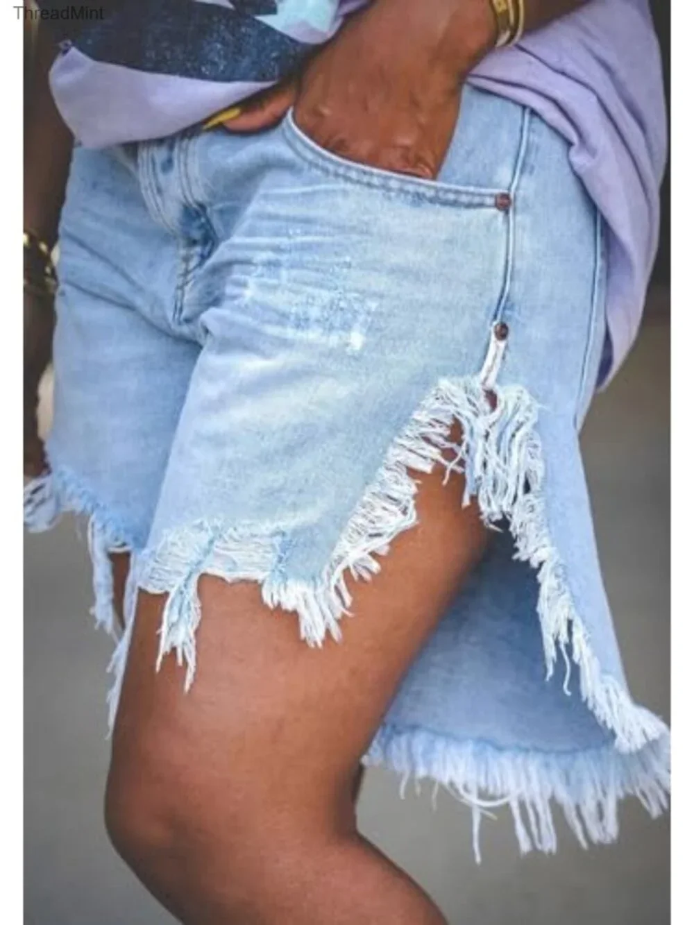 High Waisted Distressed Denim Shorts for Women, Ripped Fringe Long Baggy Jean